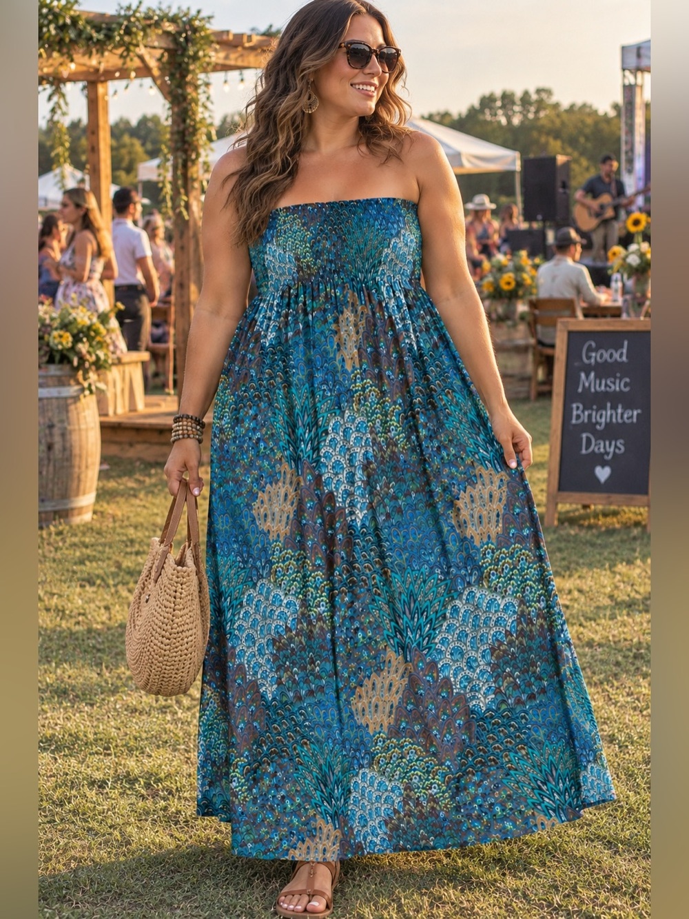 Hypnotik XL Paisley Peacock Print Smocked Waist Boho Maxi Skirt